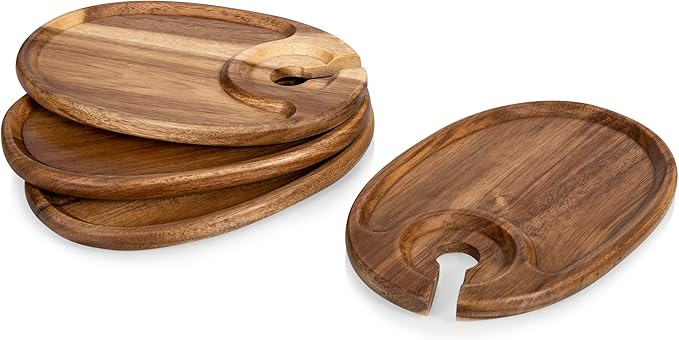 PICNIC TIME Wine Appetizer Plates, Set of 4 Wooden Cocktail Plates with Glass Holder, Mini Charcuterie Boards for Wine and Cheese Parties, Acacia Cheese Board Serving Trays (Oval - Acacia Wood)