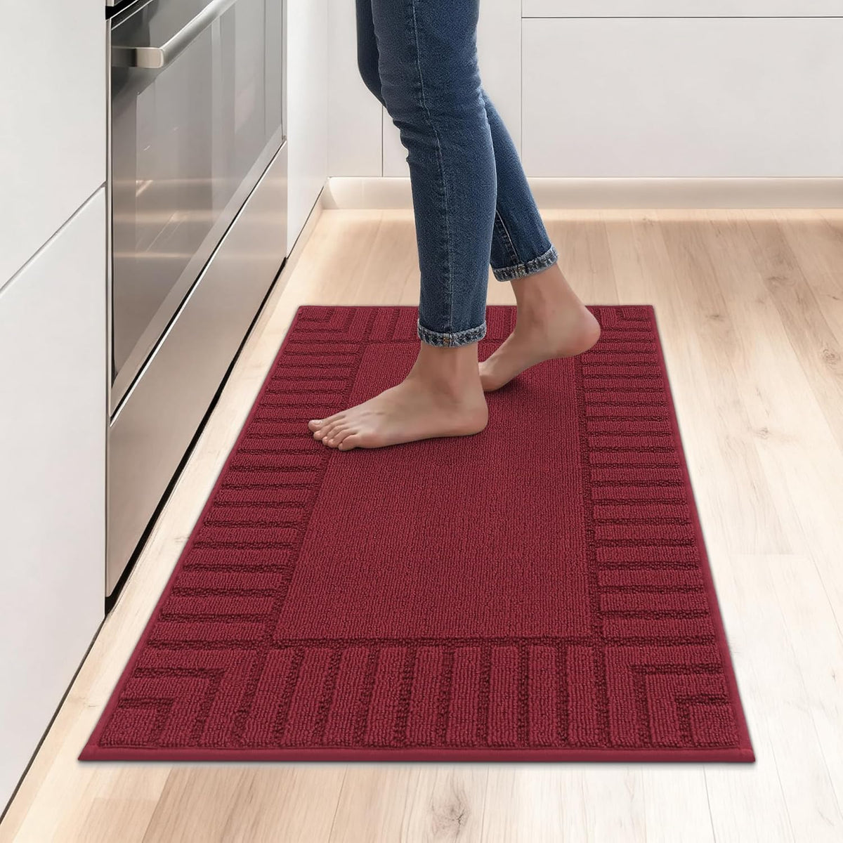 BEQHAUSE-Kitchen-Rugs-and-Mats Non Skid Washable Kitchen Mats for Floor Red Kitchen Rug Polypropylene Kitchen Mat with TPR Backing 24”x35”