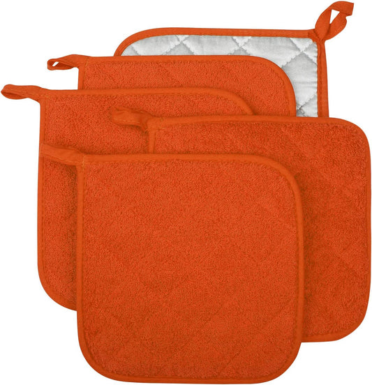 100% Cotton Kitchen Everyday Basic Terry Pot Holder Heat Resistant Coaster Potholder for Cooking and Baking Set of 5 Orange