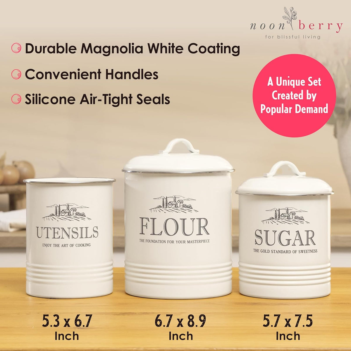 Canisters for Kitchen Counter, Set of 3 - Airtight Sugar and Flour Containers & Kitchen Utensil Holder, Rustic Farmhouse Canister Set for Kitchen Countertop