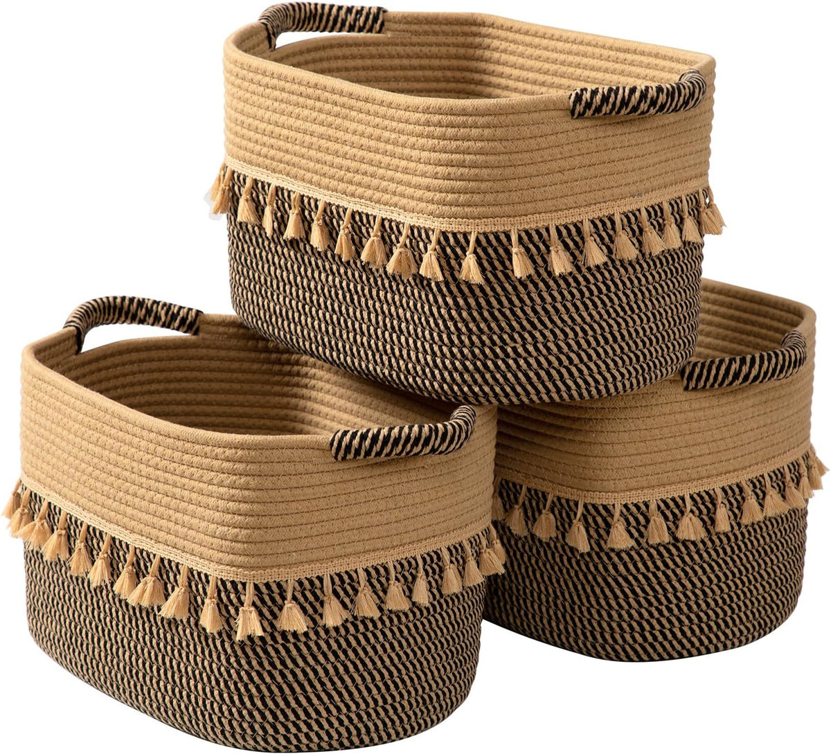 TeoKJ Set of 3 Baskets for Organizing, Decorative Rope Baskets for Storage, Storage for Pets, books, Pillows, Toys & Cloths, Black & Jute