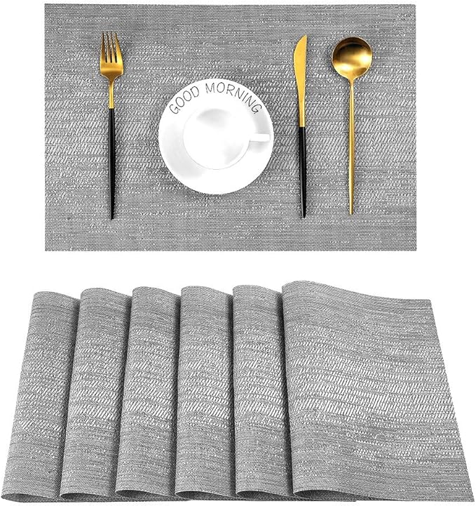 Leetaltree Grey Placemats, Heat Resistant Non-Slip Place mats for Dining Table, Washable Durable PVC Vinyl Woven Table Mats (Set of 6)
