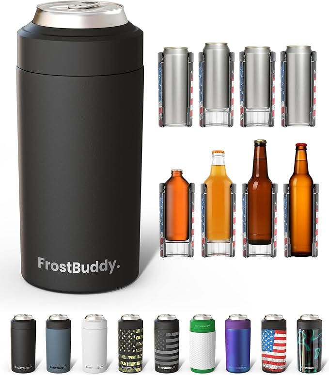 Frost Buddy Universal Can Cooler - Fits All - For Regular 12 & 16 oz or Slim-Size Bottles - Insulated Double-Walled Stainless Steel (MatteBlack)