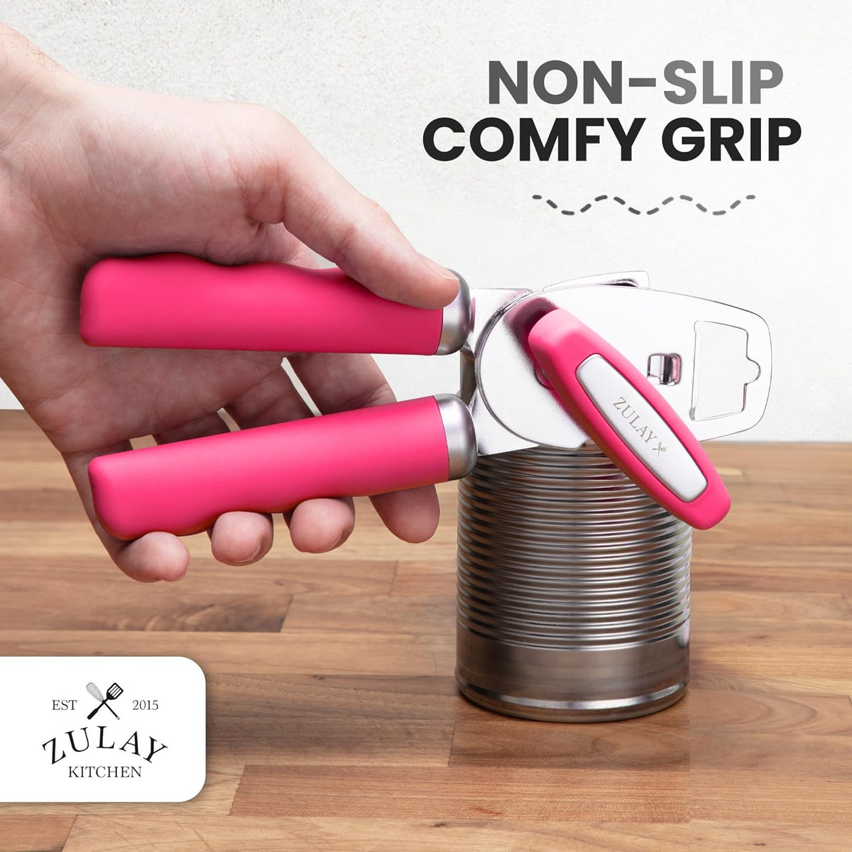 Zulay Kitchen Heavy Duty Stainless Steel Can Opener Manual with Bottle Opener - Rust Proof Manual Can Opener With Turn Knob & Comfy Soft Grip Handles - Dragonfruit