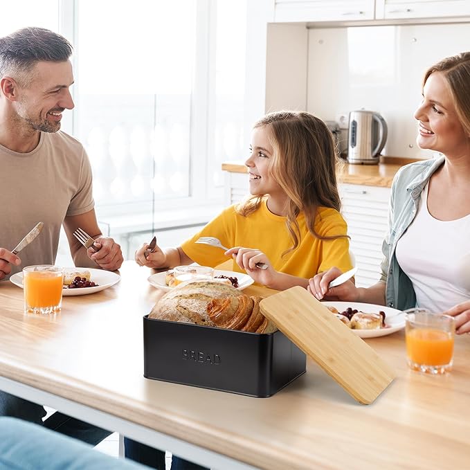 ZICOTO Beautiful Bread Box With Wooden Lid For Your Kitchen Countertop - Spacious Container Perfectly Stores Your Homemade Bread, English Muffins & Bagels - Quality Cutting Board Lid Keeps Loaf Fresh
