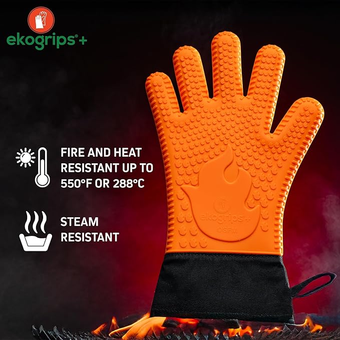 Ekogrips+ Premium Silicone Oven Mitts - Comfy, Waterproof, Heat Resistant BBQ Gloves for Grilling, Long Cuff for Added Protection, 5 Finger Dexterity, 3 Sizes, 4 Colors, S/M, Orange