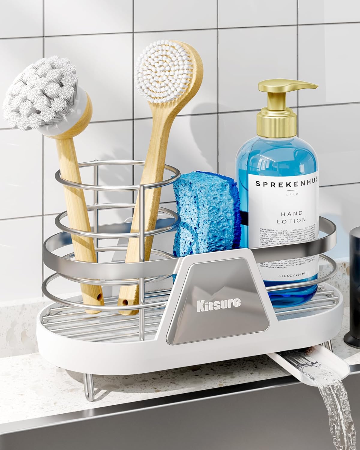 Kitsure Sponge Holder for Kitchen Sink - Space-Saving Kitchen Sink Caddy, Rustproof Metal Sink Organizer with Removable Brush Holder, 7.9"×3.9"×5.3", White