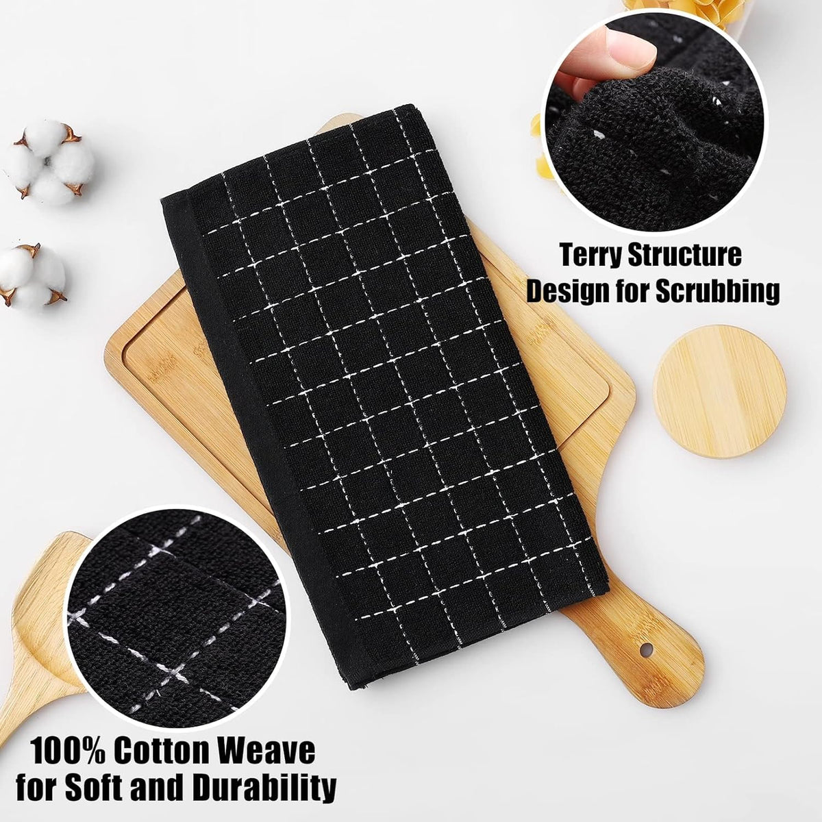 Homaxy 100% Cotton Terry Kitchen Dish Cloths, Ultra Soft and Absorbent Dish Towels for Kitchen, Suitable for Drying and Washing Dishes, 8 Pack, 12 x 12 Inches, Black