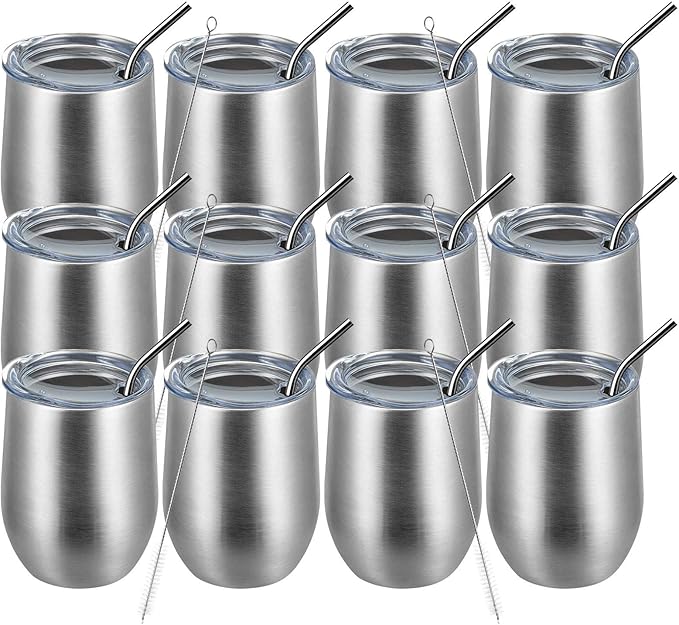MEWAY 12oz/12 Pack Wine Tumbler Glasses with Lid -Double Wall Vacuum Stainless Steel Travel Tumbler Mug,Stemless Insulated Wine Cup for,Coffee,Cocktails,Gifts (Silver,Set of 12)