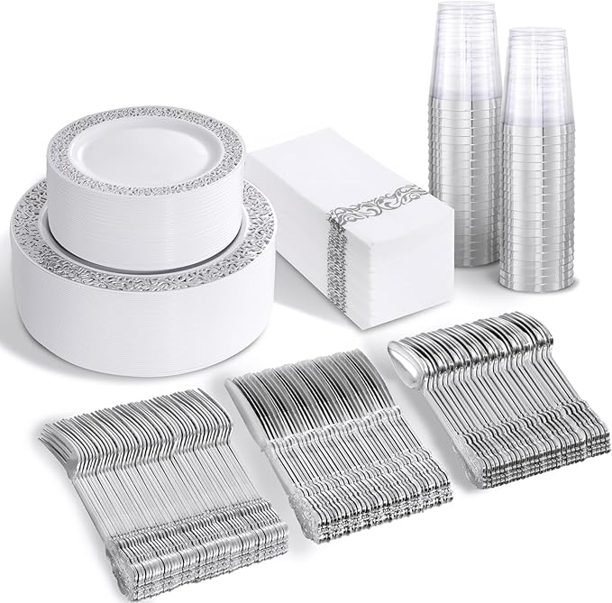 bUCLA 350PCS Silver Plastic Dinnerware Set - Silver Plates Disposable Lace Design for 50 Guests Include 100 Plates,50 Forks,50 Knives,50 Spoons,50Cups,50 Napkins,Ideal for Party,Wedding&Christmas