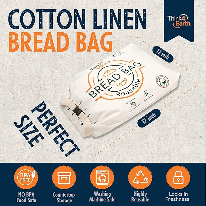 Think4Earth® – Cotton Linen Bread Bag Organic - Reusable Bags for Homemade Loaf Gift Giving - Bread Container for Large Sourdough Loafs – Countertop Cloth Storage and Transport Solution.