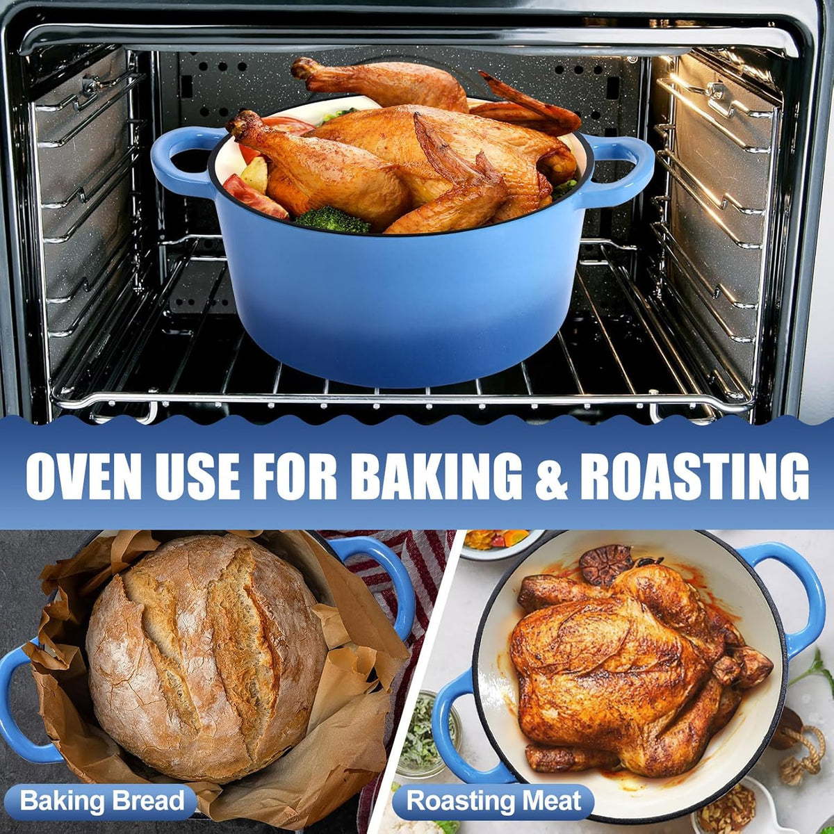 P&P CHEF 7QT Enameled Dutch Oven, Cast Iron Dutch Oven Pot with Lid for Bread Baking, Enameled Casserole Pot for Roasting Braising Stewing Frying Simmering, Various Stoves & Easy Clean, Blue