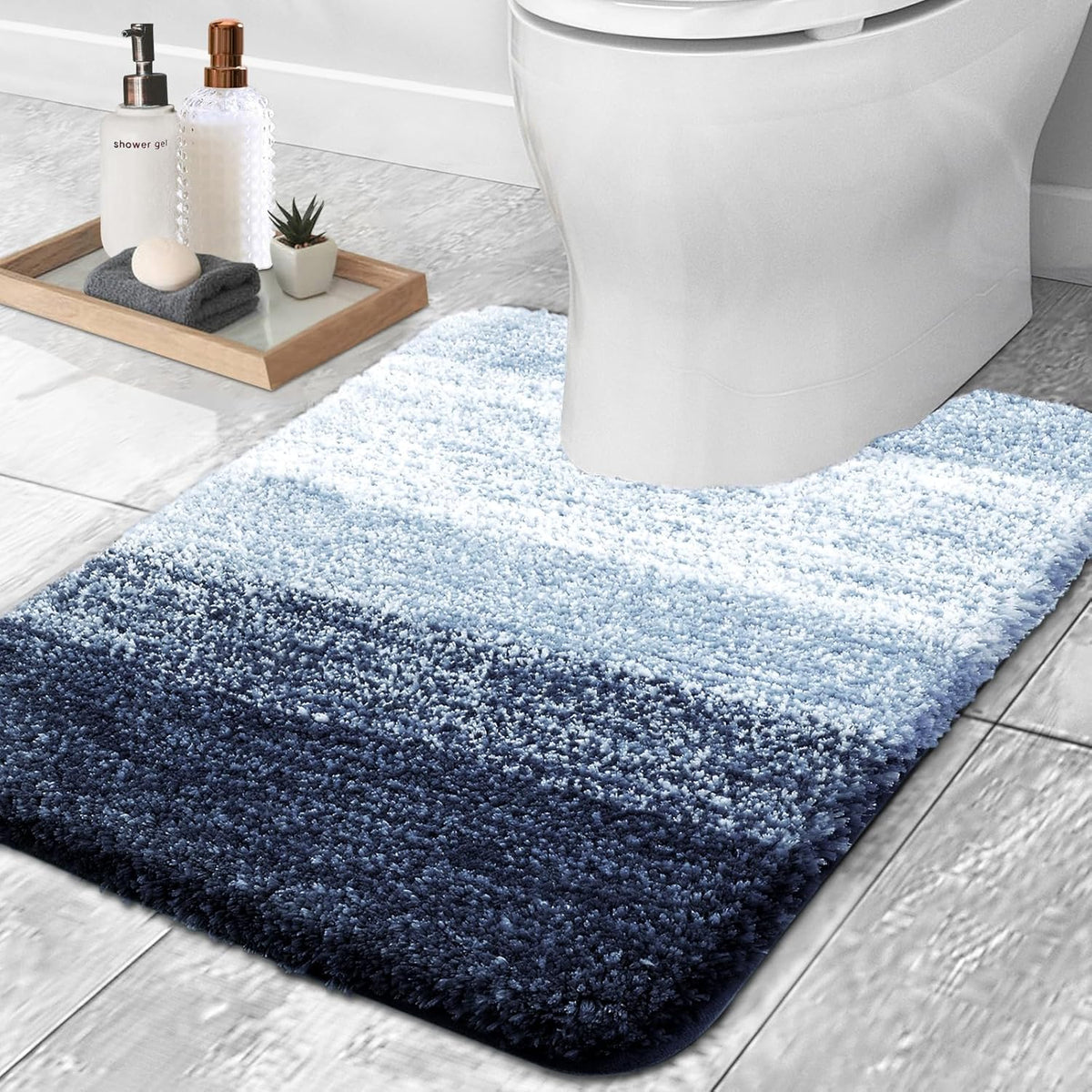 OLANLY Luxury Toilet Rugs U-Shaped 24x20, Extra Soft and Absorbent Microfiber Bathroom Rugs, Non-Slip Plush Shaggy Bath Mat, Machine Wash Dry, Contour Bathroom Mats for Toilet Base, Navy Blue