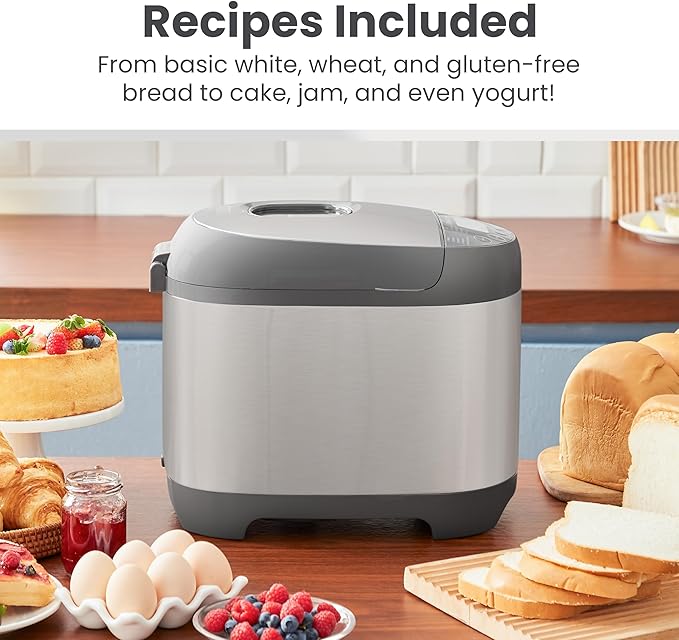 Elite Gourmet EBM8103SS Programmable Bread Maker Machine, 3 Loaf Sizes, 19 Menu Functions Gluten Free White Wheat Rye French and more, 2 Lb, Stainless Steel