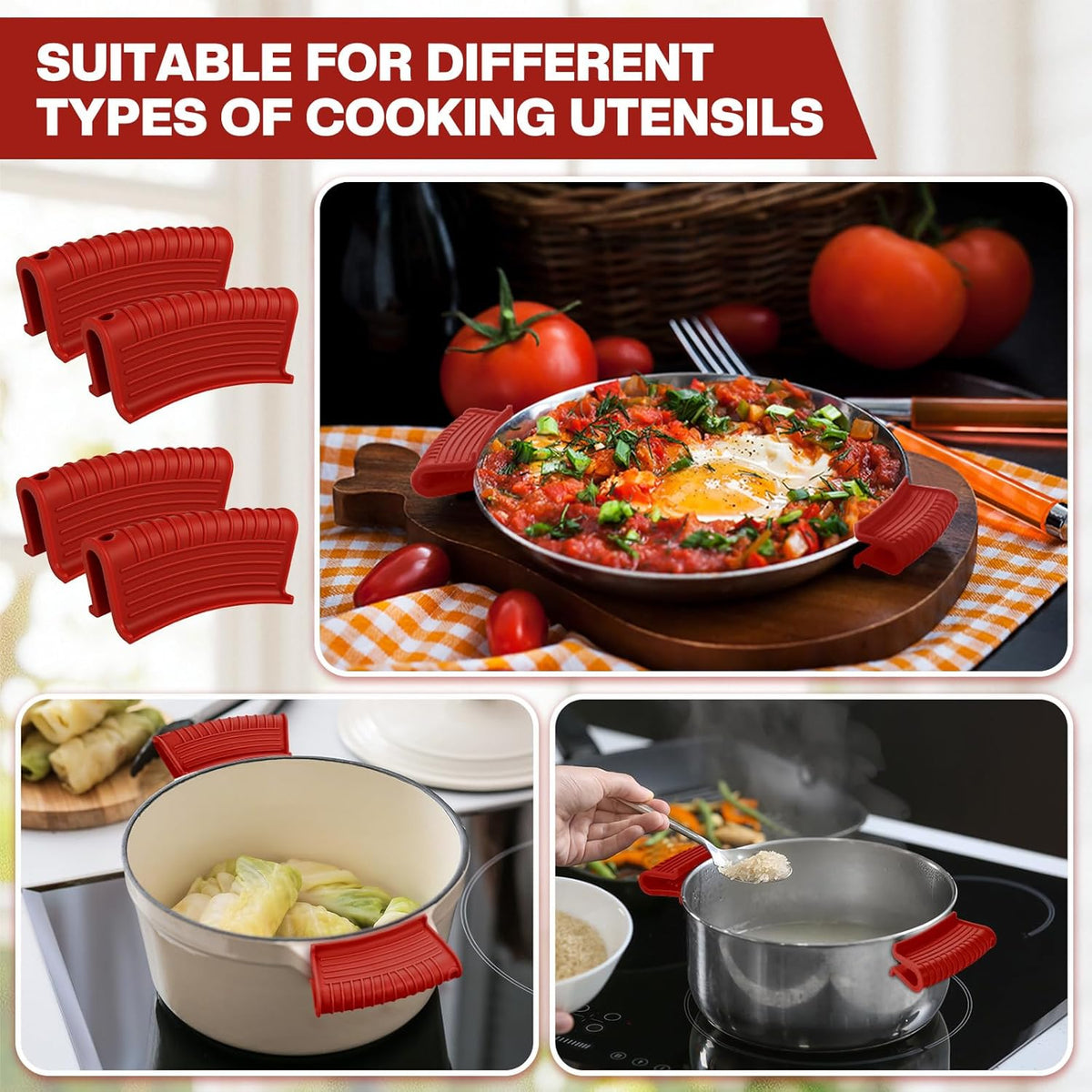 Patelai 4 Pcs Silicone Assist Hot Pan Handle Holder Pot Handle Covers for Cast Iron Skillets Holder Sleeve Nonslip Heat Resistant Pan Cover for Enameled Griddles Casserole Frying Cookware(Red)