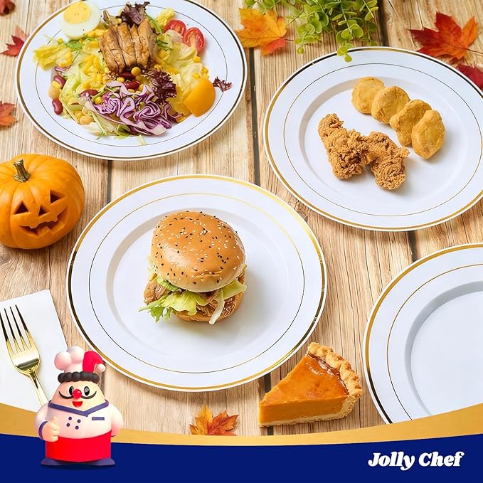 JOLLY CHEF 200 Pieces Gold Plastic Plates, 10 Inch Elegan Disposable Plates White Plate with Gold Rim,Plastic Plates for Thanksgiving、Birthdays and Weddings