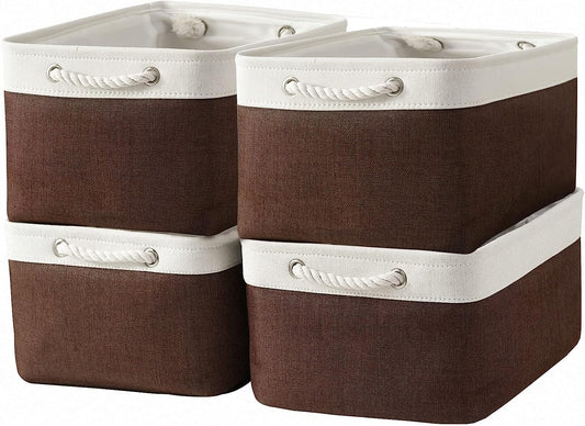 Organization and Storage Basket for Organizing - 16x12x8 inch Large 4 Pack Fabric Storage Cube Collapsible Storage Bins for Shelves, Storage Box for Cloth Books Canvas(White & Flaxen)