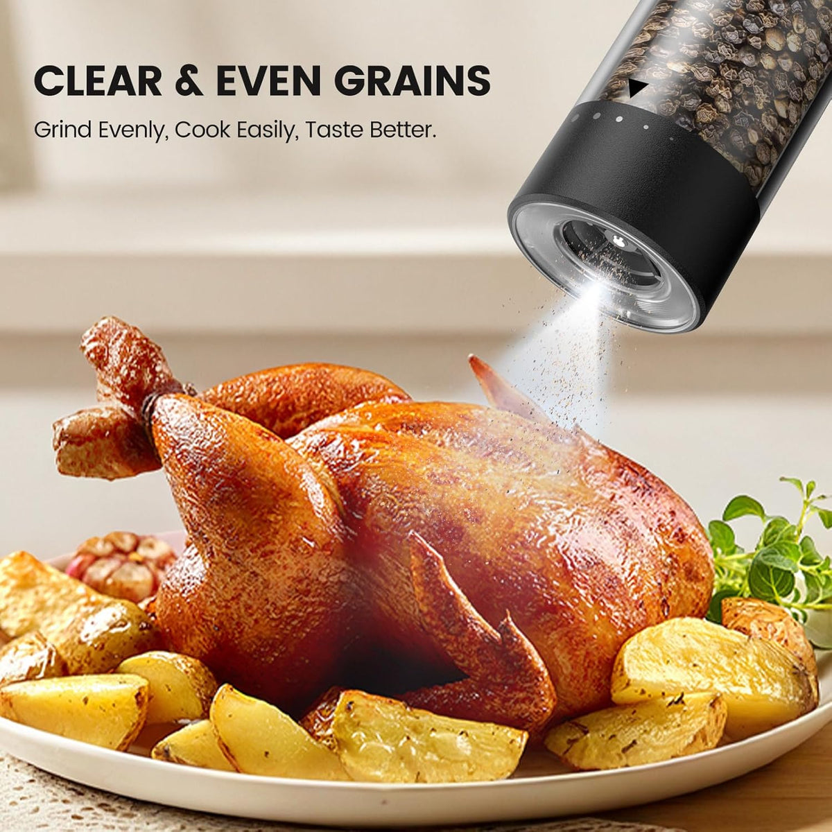 Electric Salt and Pepper Grinder Set - Rechargeable Automatic Salt and Pepper Shakers, Kitchen Appliances with External Adjustable Coarseness, Larger Hopper for Cooking, Home Gifts(2 Pack,Black/White)
