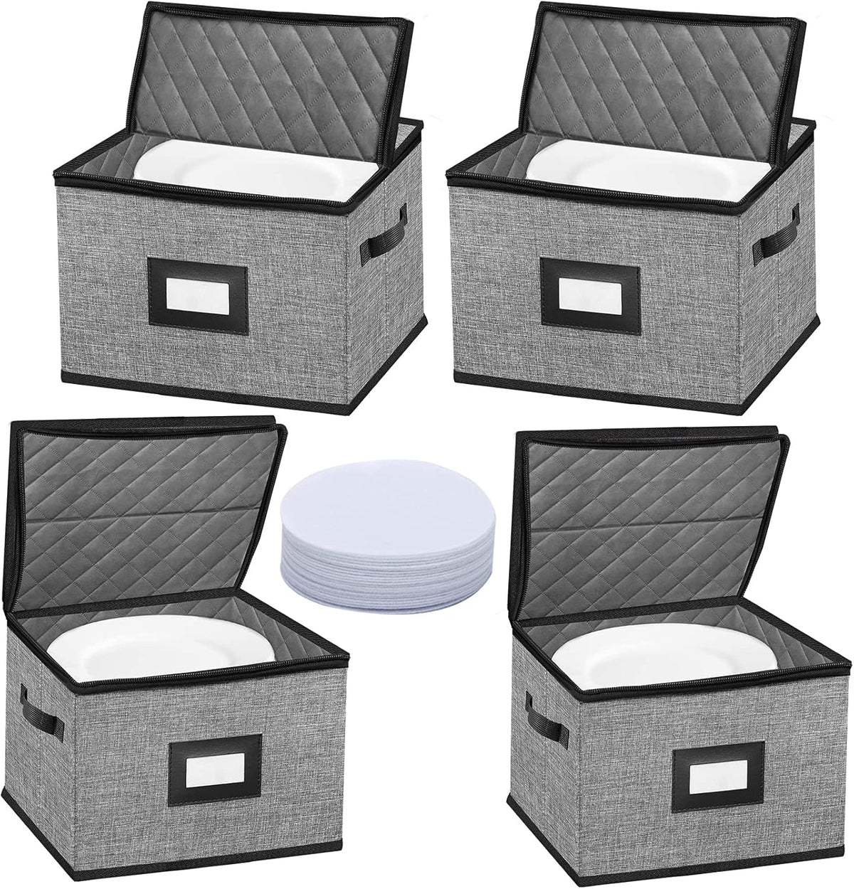 China Storage Containers-4PACK Quilted Dish Storage Containers with Lid Hard Shell for Moving Transport, Dinnerware,Stackable Plate Storage,24 Felt Plate Dividers Included,12 * 12 * 8in
