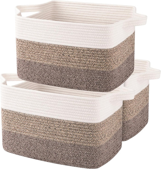 OIAHOMY Storage Basket, Woven Baskets for Storage, Cotton Rope Basket for toys,Towel Baskets for Bathroom - Pack of 3, Gradient Dark Brown