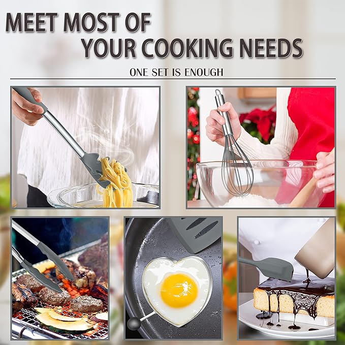 Silicone Cooking Utensils Set, E-far 14-Piece Gray Kitchen Utensils Set with Holder, Kitchen Tools Spatulas with Stainless Steel Handle for Non-stick Cookware, Heat Resistant & Dishwasher safe