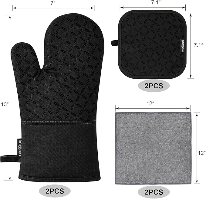 KEGOUU Oven Mitts and Pot Holders 6pcs Set, Kitchen Oven Glove High Heat Resistant 500 Degree Extra Long Oven Mitts and Potholder with Non-Slip Silicone Surface for Cooking (Black)