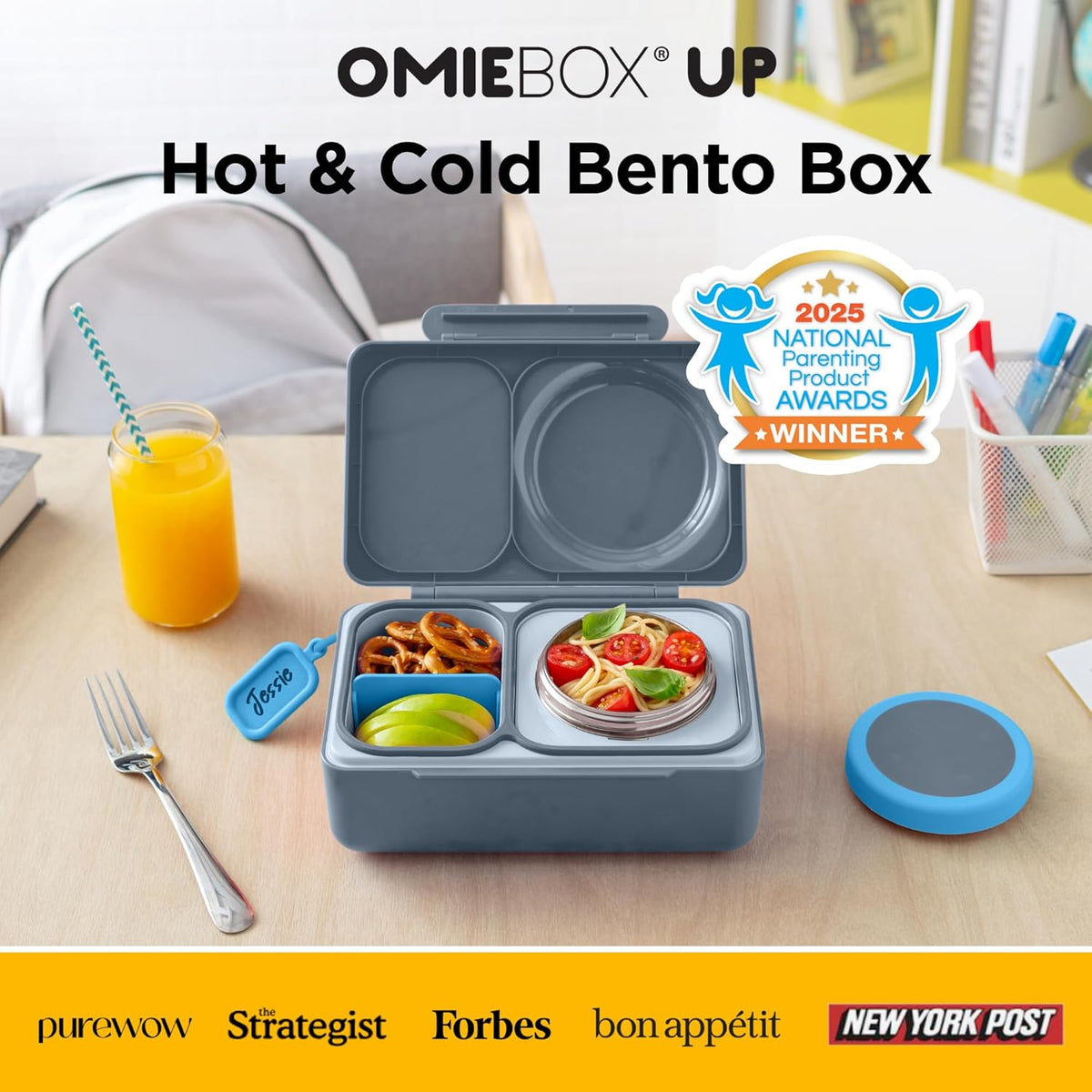 Omie OmieBox UP bento Box for Kids | Insulated Lunch Box | Leak Proof Vacuum Insulated Thermal Food jar | Cooler ice Pack | 2 Compartments (Graphite)