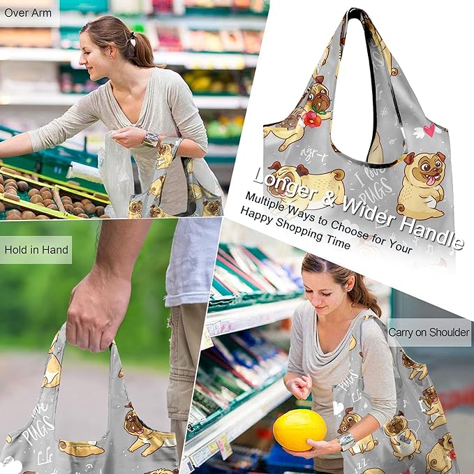 BeeGreen Dog Lover Gifts for Women Animals Reusable Grocery Bags Shopping Bags Bulk 6 Pack 50LBS X-Large Foldable-Machine Washable Shepherd Collie Bulldog Dog Paws Pet Bags