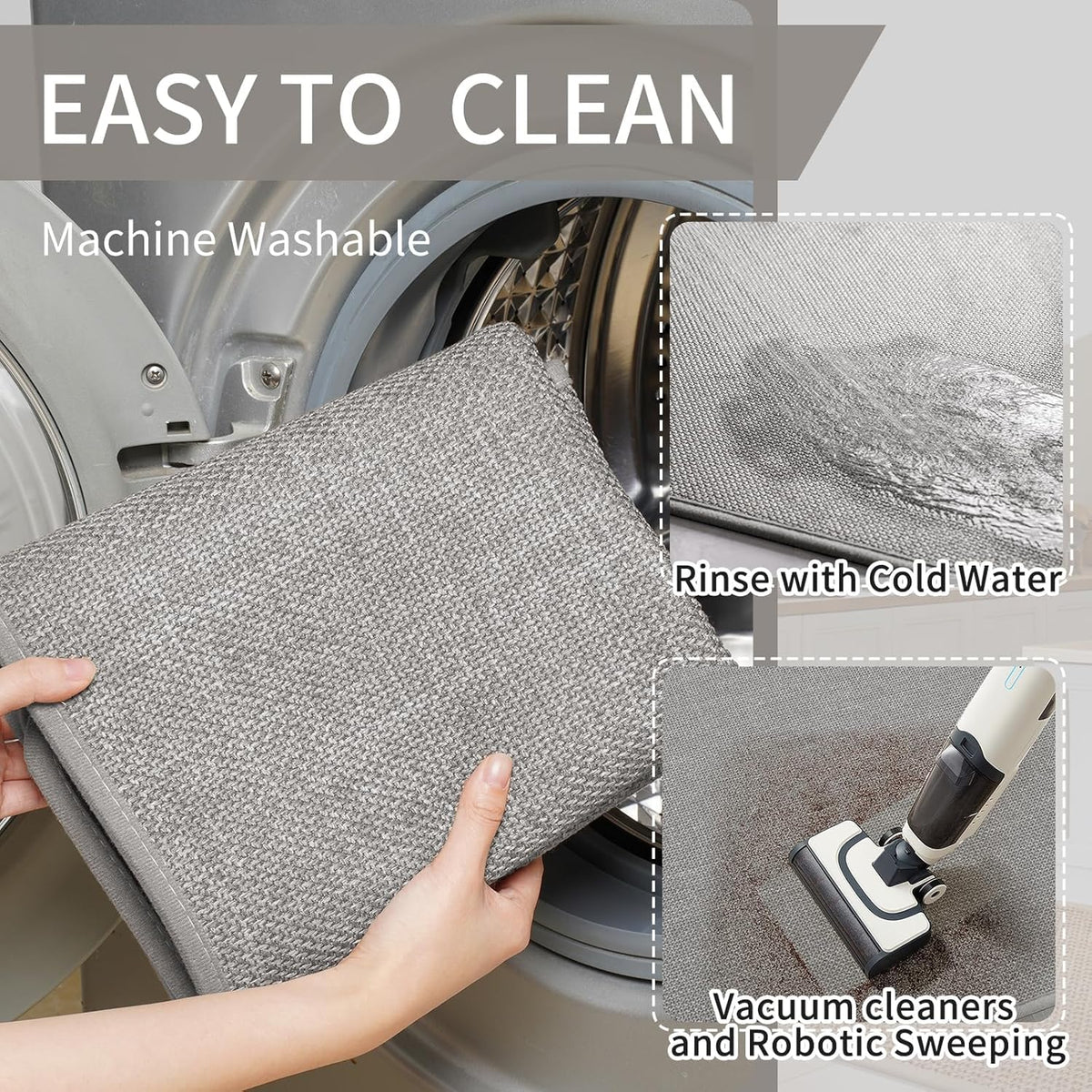 Kitchen Mats for Floor, Super Absorbent Kitchen Rugs Non Slip Washable, Soft Imitation Linen Braided Kitchen Runner Rug, Standing Mat Kitchens Sink Mat, Easy to Clean, Gray 17x95