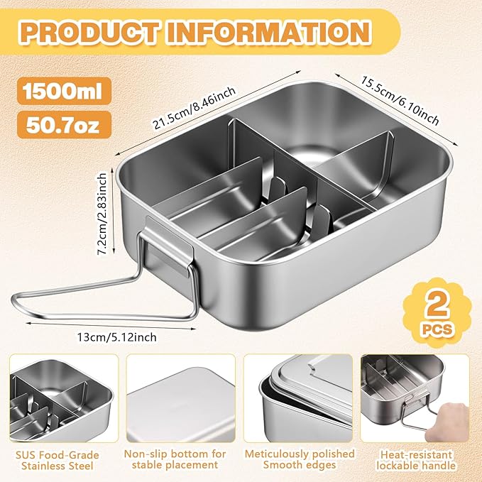 2 Pack Stainless Steel Bento Box 5 Compartment Kit 50oz/1500ml Metal Bento Lunch Box Container with Handle and 2 Pcs 80ml Round Sauce Cups Leak Proof Lockable Clips for Kids or Adults