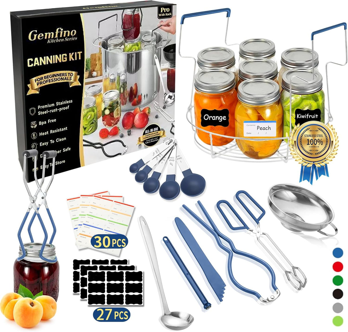 Canning Supplies Starter Kit,Canning Kit for Beginners of 11 with Rack, Jar Lifter,Funnel,Wrench,Tongs,Lid Lifter,Bubble Popper,Labels,ladle,Measuring spoon-Blue