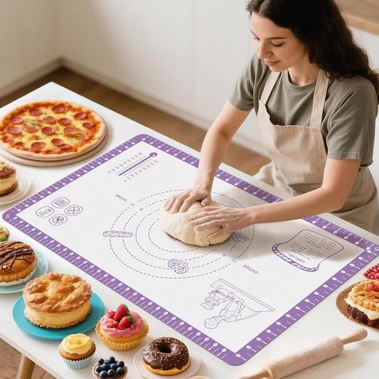 Non Stick Silicone Pastry Mat for Dough Rolling, Silicone Baking Mat for Bread, Cookie, Macaron, Pizza, Surdough, Non Slip Silcone Mat for Counter, Baking Suppliers with 10 Useful Recipes