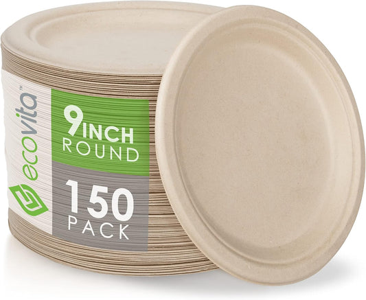 100% Compostable Paper Plates [9 in.] – 150 Disposable Plates Eco Friendly Sturdy Tree Free Liquid and Heat Resistant Alternative to Plastic or Paper Plates