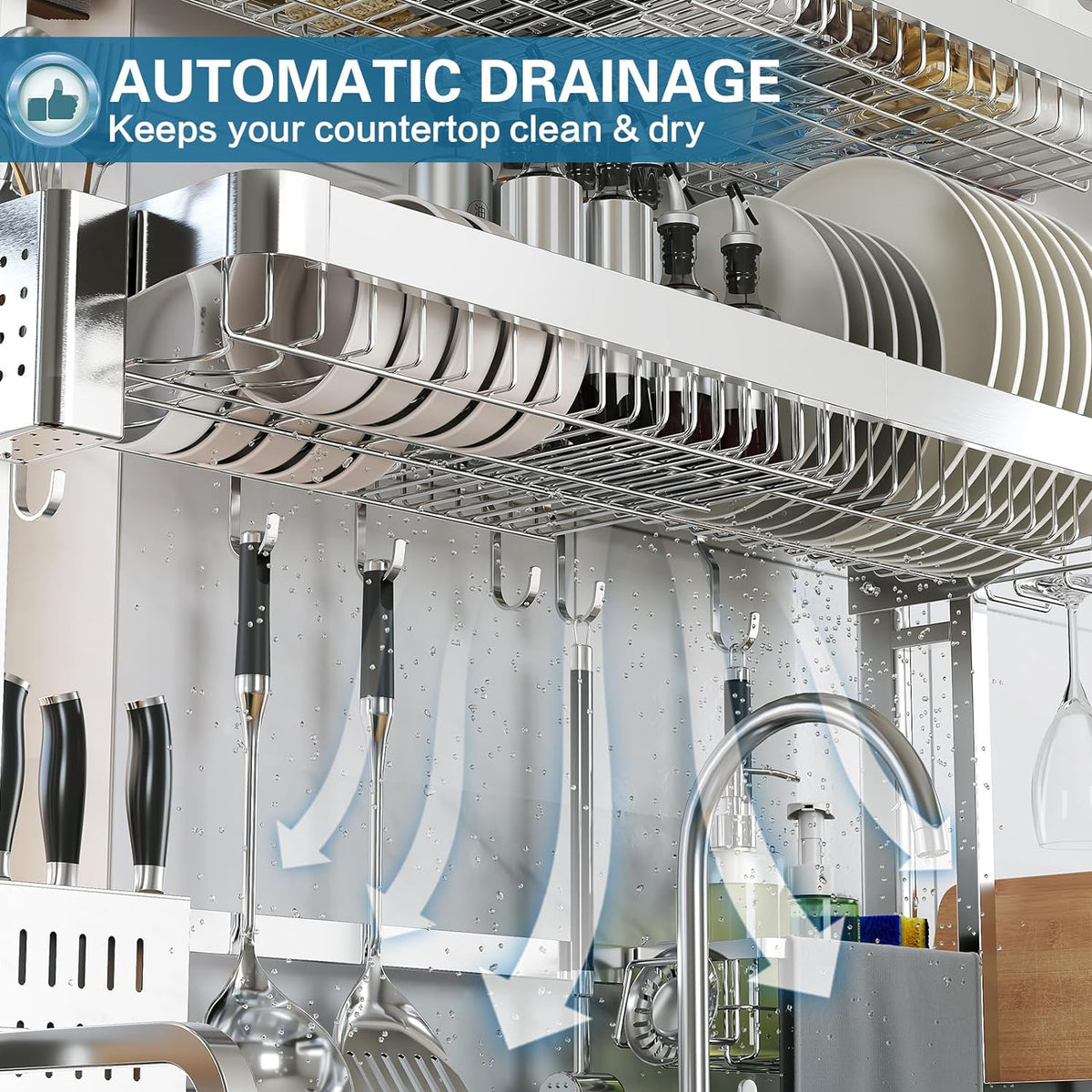 Over The Sink Dish Drying Rack,3 Tier Adjustable Length Full Stainless Steel Large Storage Kitchen Dish Rack,for Kitchen Counter Expandable Multifunctional Organizers,Silver (25.5'' to 37.6'')