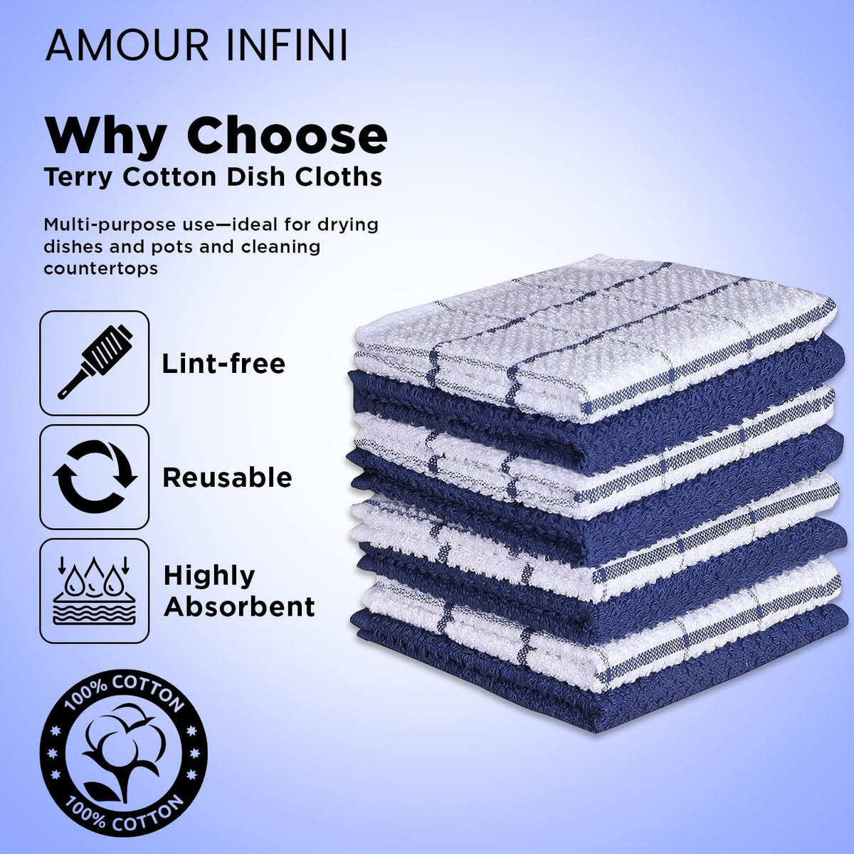 AMOUR INFINI Cotton Kitchen Dish Cloths Set of 8 – Highly Absorbent, Super Soft Premium Terry Cleaning Cloth (12"x12" Inch) Premium Dishcloths for Washing Dishes (Blue)
