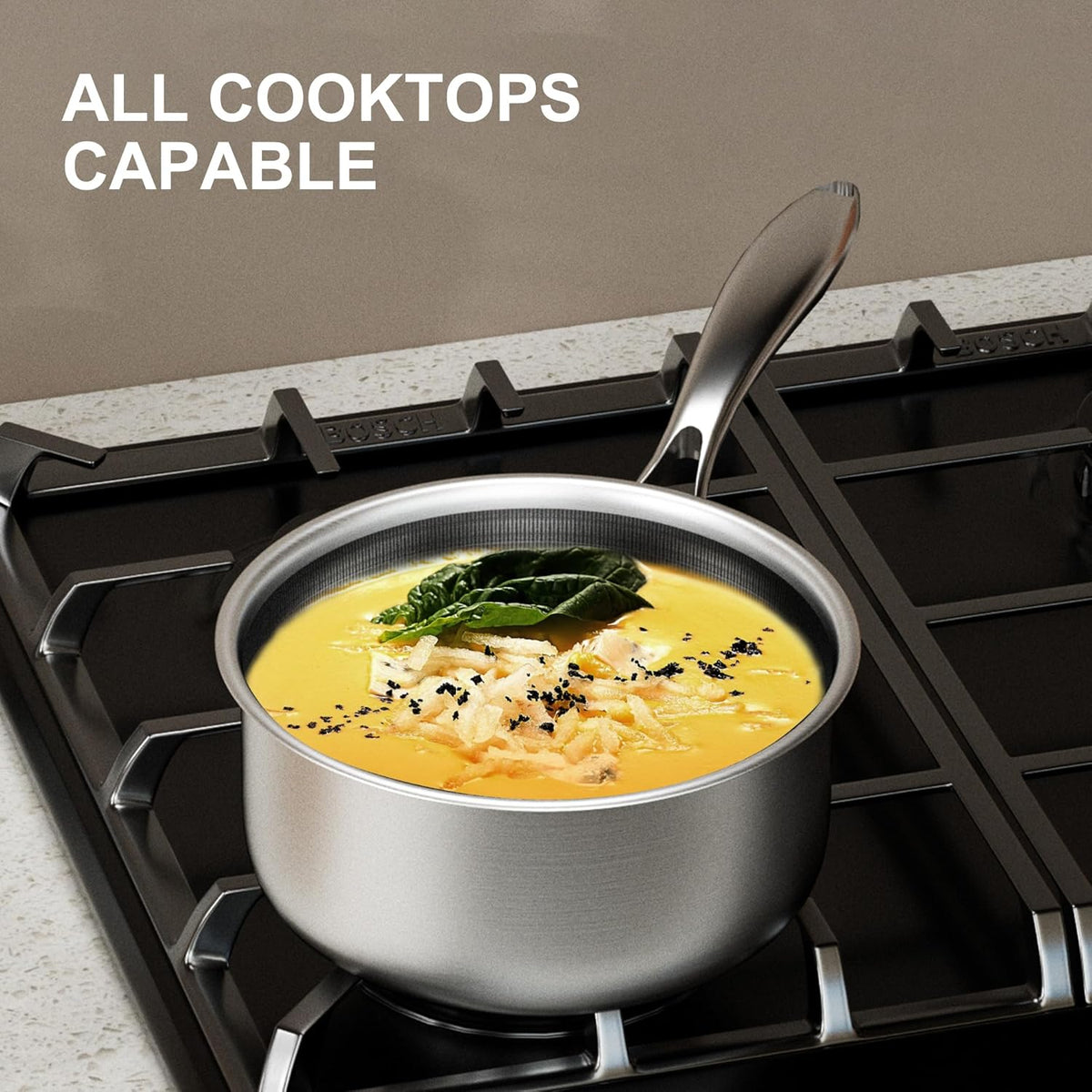 COOKER KING 3 Quart Stainless Steel Saucepan, Nonstick Sauce Pan, Ceramic Suce Pot with Tempered Glass Lid, Induction Pot Compatible with All Cooktops, Dishwasher & Oven Safe(PFAS/PFOA/PTFE Free)