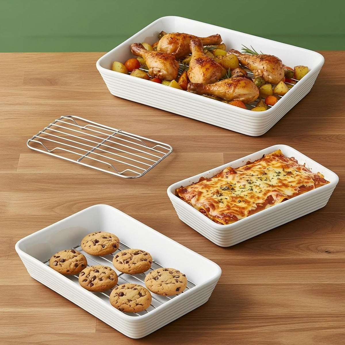 ONEMORE Casserole Dishes for Oven, Ceramic Baking Dish Set of 3 with Roasting Racks Rectangular Large Deep Lasagna Pan without Handles Porcelain Baking Pan with Rack for Oven Cooking (3QT/2.1QT/1.3QT)