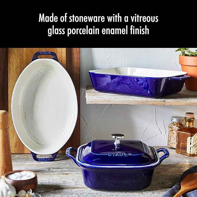 STAUB Ceramic 4-pc Baking Pans Set, Casserole Dish with Lid, Brownie Pan, Dark Blue