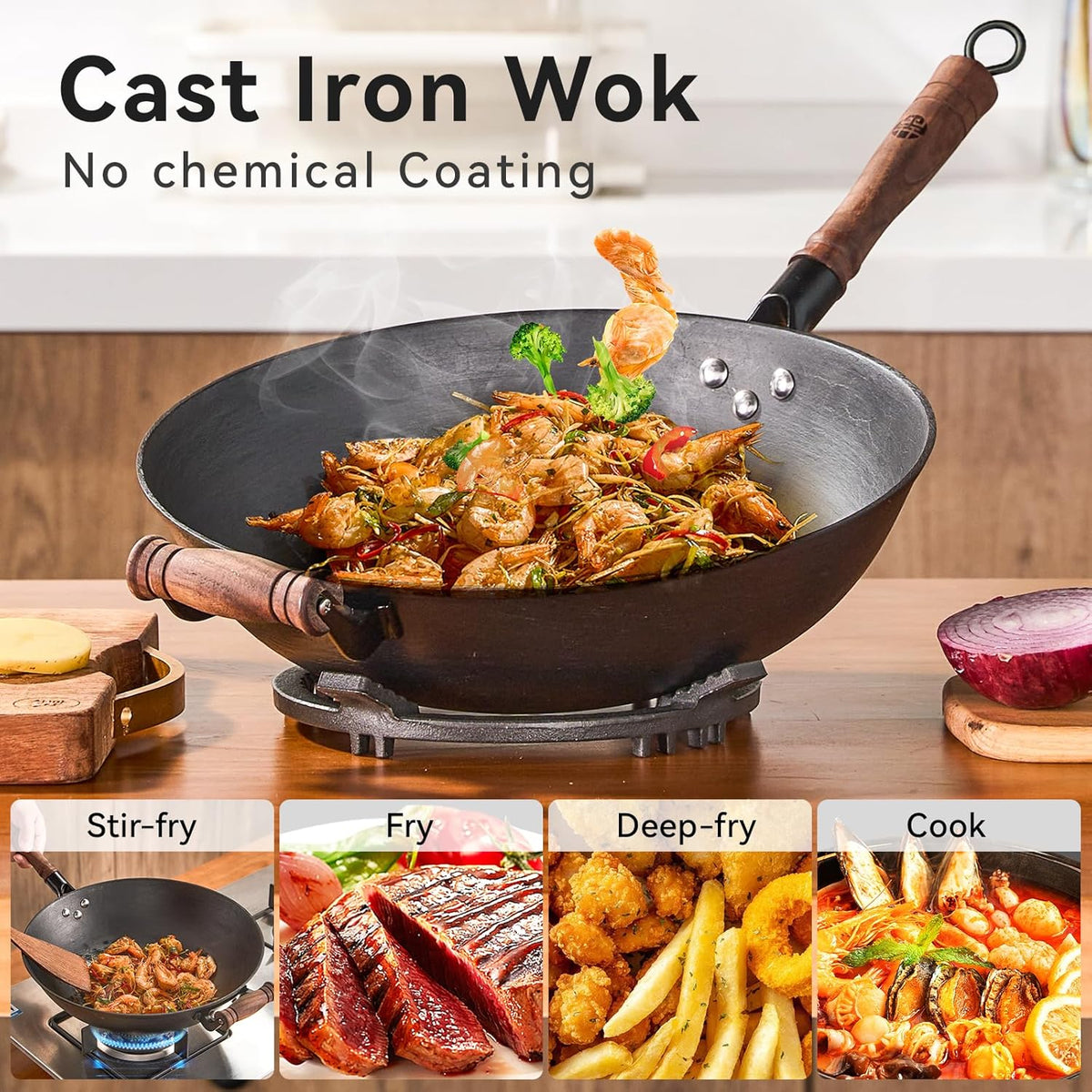 WANGYUANJI Cast Iron Wok Pan 12 inch Flat Bottom with Wooden Handle and Lid, Large Wok Stir Fry Pan Suitable for All Cooktops, Chinese wok with Free Dishcloth and Brush