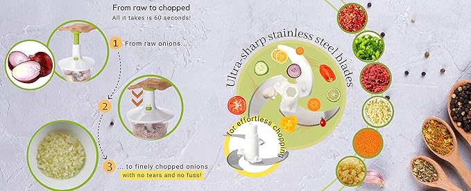 Brieftons Express Manual Food Chopper: 6.8-Cup, Hand Chopper Vegetable Cutter to Chop Veggies, Fruits, Herbs, Garlic Onion Chopper for Salsa, Salad, Pesto, Hummus, Guacamole, Coleslaw, Indian Cooking