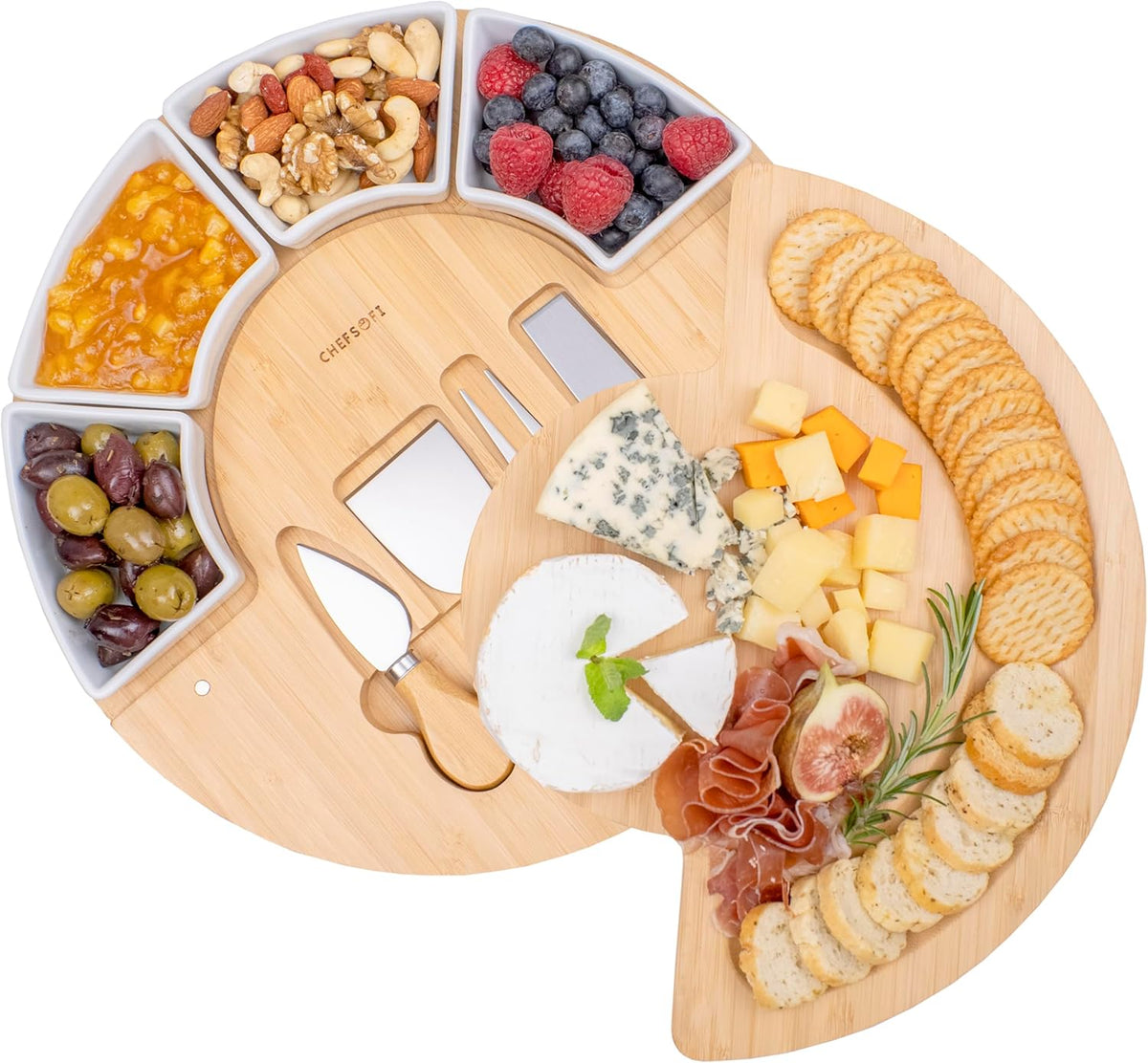 Charcuterie Cheese Board and Platter Set - Made from Bamboo Wood - US Patented 13 inch Cheese Cutting Board and Knife for Entertaining and Serving - 4 Knives - 4 Bowls