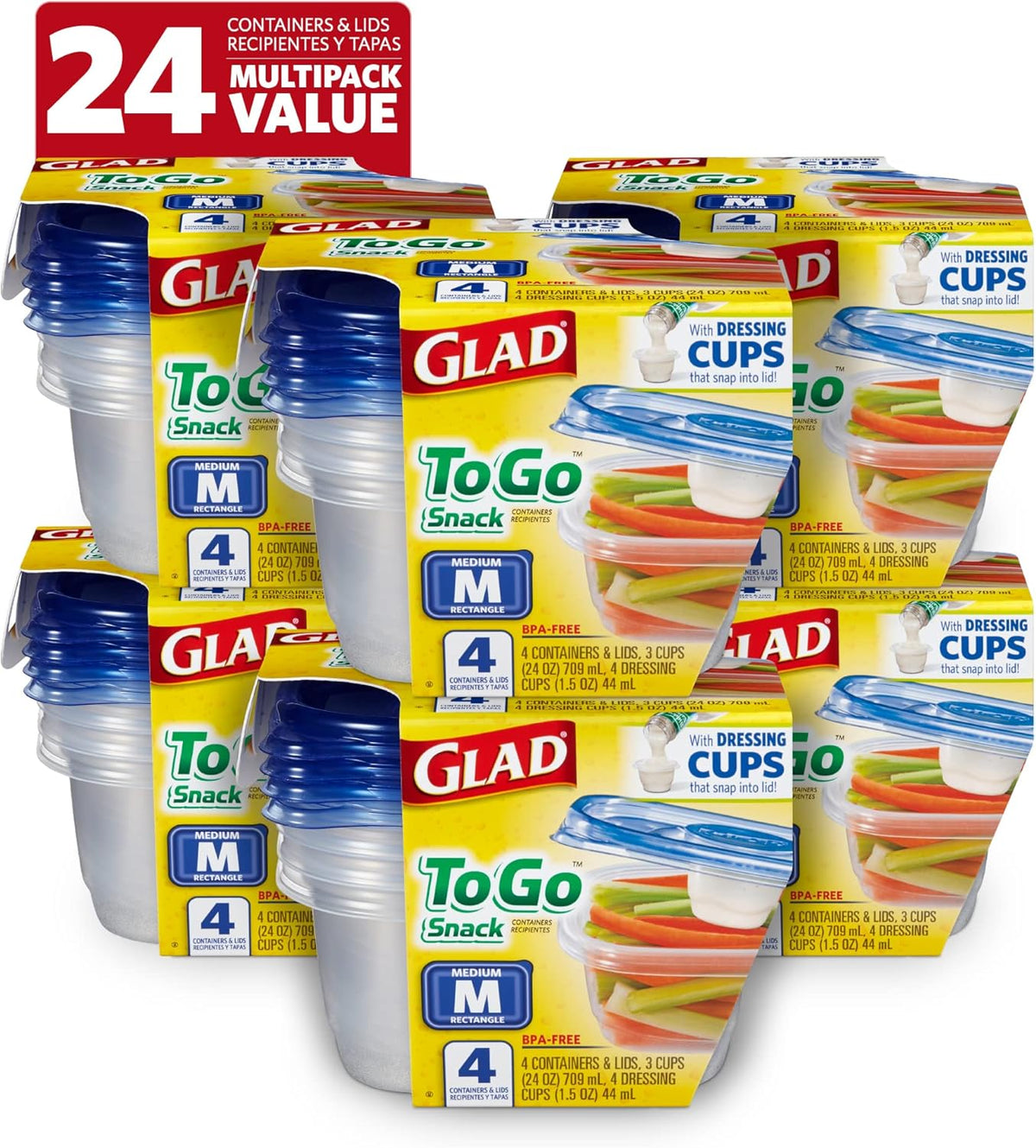 Glad GladWare To Go Snack Food Storage Containers - Medium Round - Meal Container Holds up to 24 Ounces of Food - Lock Tight Seal, 4 Count - 6 Pack