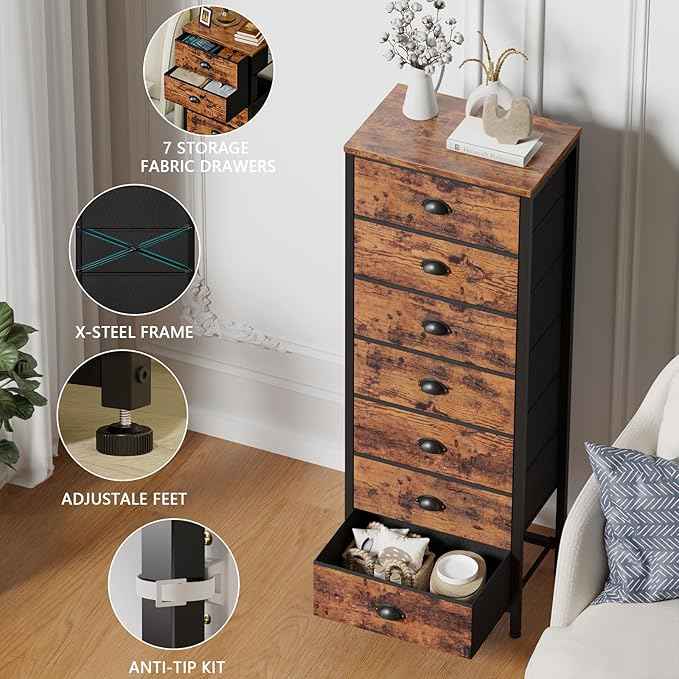Furnulem Bedroom Dresser with 7 Drawers,Tall Industrial Fabric Chest of Drawers, Vertical Storage Tower Bedside Furniture in Living Room,Closet,Entryway-Sturdy Steel Frame(Rustic Brown)