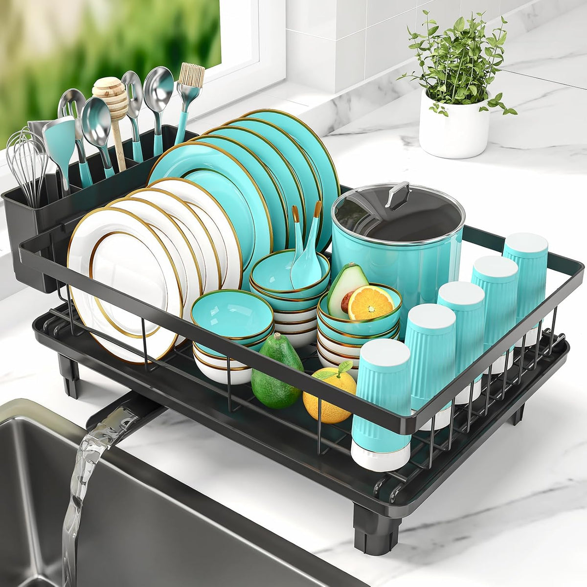 MERRYBOX Dish Drying Rack Space-Saving Dish Racks for Kitchen Counter, Rustproof Drying Rack Kitchen with Large Utensil Holder and Increased Feet, 16.5" D x 11.4" W x 5.65" H, Black