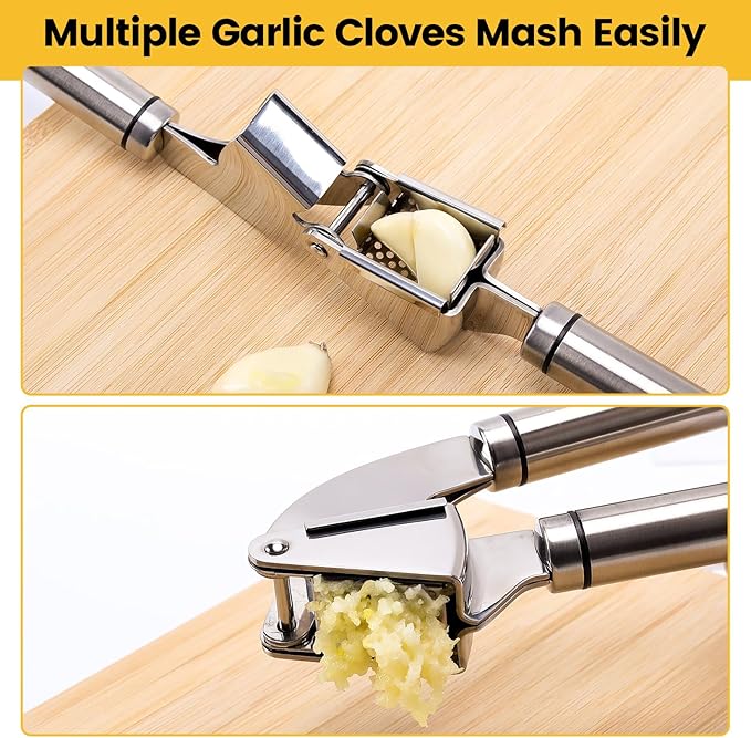 Garlic Press Mincer, 304 Stainless Steel Garlic Press with Garlic Peeler Tube, Heavy Duty Metal Ginger Press, Silver