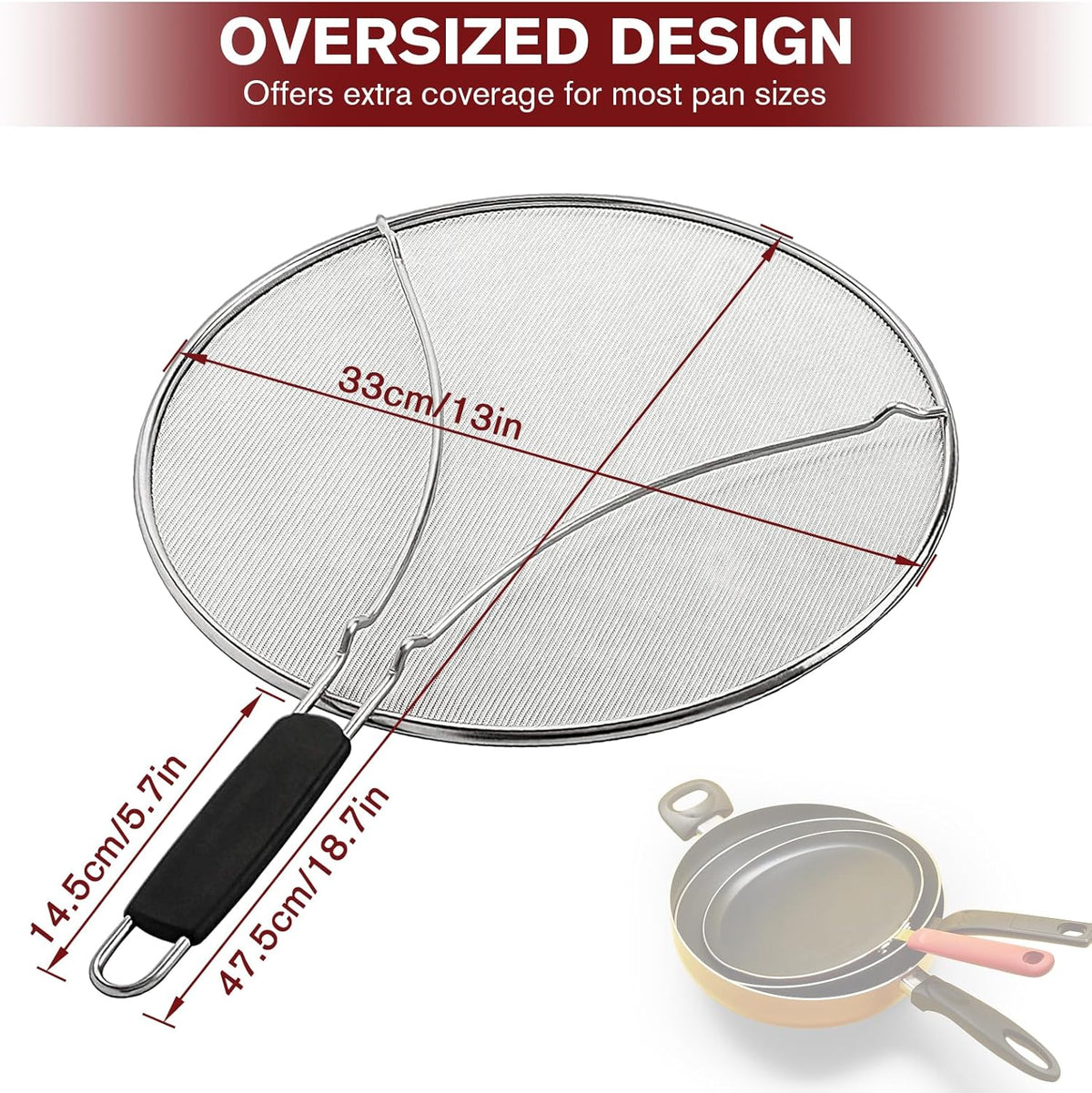 Splatter Screen for Cooking, Perforated Stainless Steel,13 Inch Stainless Steel Grease Splatter Guard, Comfortable Grip, Shield from Splashing Oil