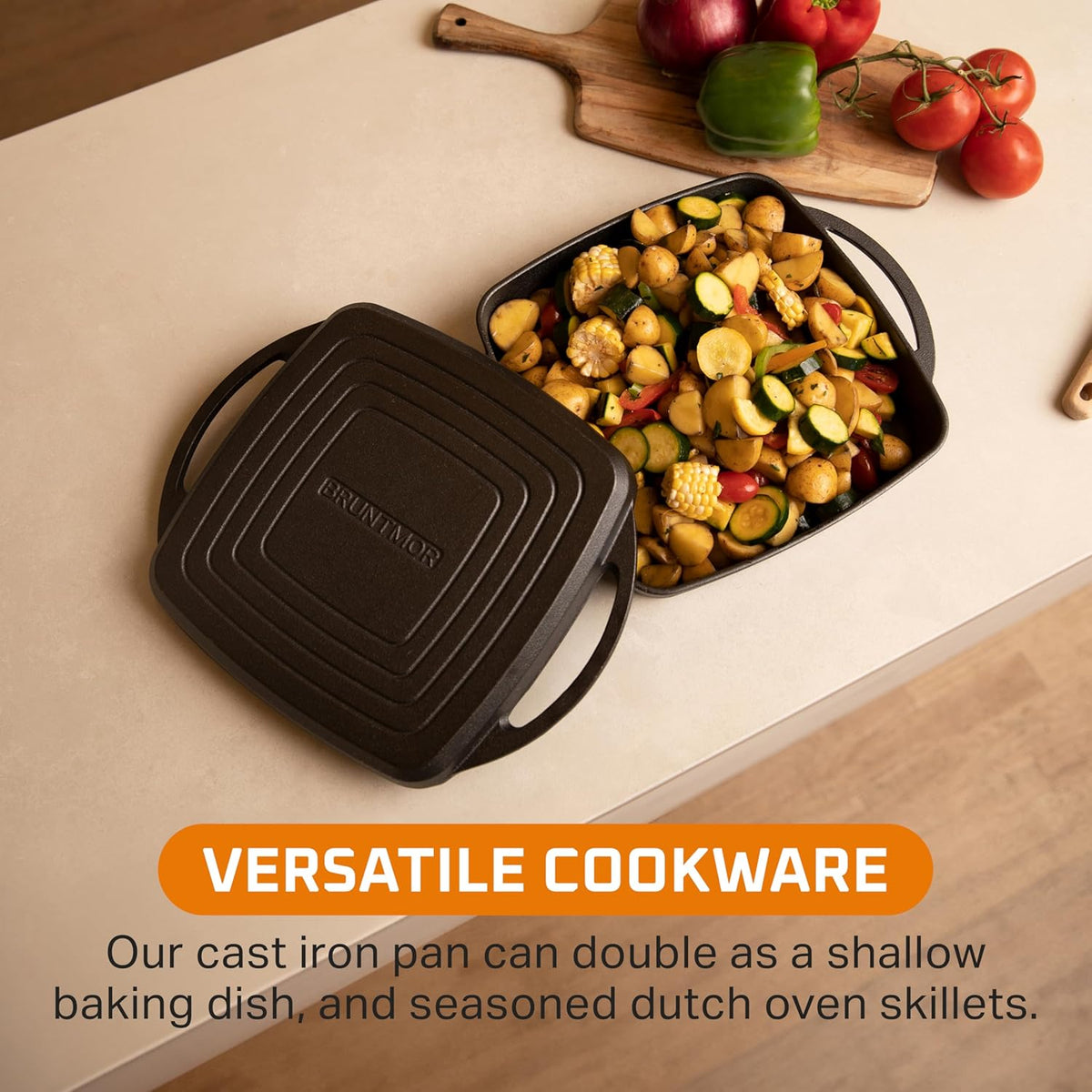 Bruntmor 2-in-1 Pre-Seasoned Cast Iron Dutch Oven and Grill Pan with Dual Handles - 11-Inch Non Stick Square Casserole Dish with Lid - Cast Iron Cookware for Braising, Crock Pot and Oven Safe Skillet