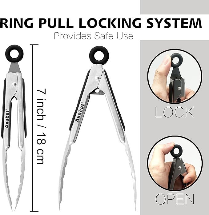 Anaeat 3 Pack 7" Mini Stainless Steel Locking Tongs - Sturdy Coiled Spring Kitchen Food Tong with Non-Slip Silicone Tips and Grip for Serving, Cooking, Baking and BBQ - Heat Resistant Metal Tongs