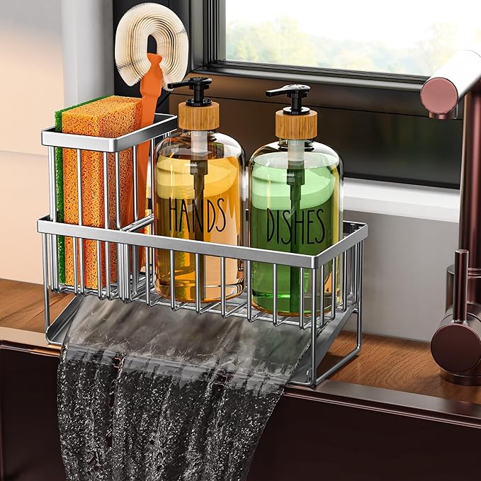 Cisily Kitchen Dish Soap Dispenser Set Stainless Steel Sponge Holder and 2 Pack 16.9oz Clear Glass, Dish Soap Dispensers, Vintage Hand and Dish Soap Dispensers Set, Dispensador De Jabon De Cocina