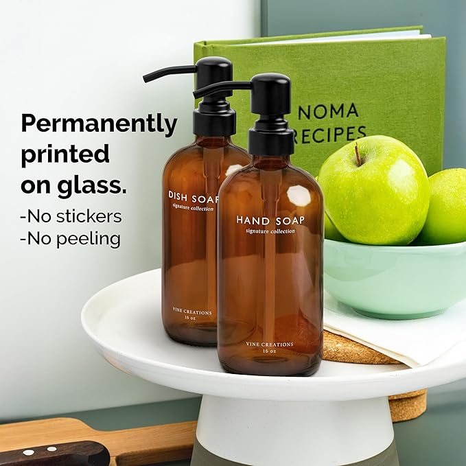 Vine Creations Amber Glass Soap Dispenser Set, Dish Soap and Hand Soap Dispenser Set with Stainless Steel Pump, 16 oz Glass Dispensers for Kitchen or Bathroom Decor (Amber Bottle/Matte Black Pump)